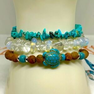 Handmade Sea Turtle Beaded Stone Beach Bracelet Set! New in Box!